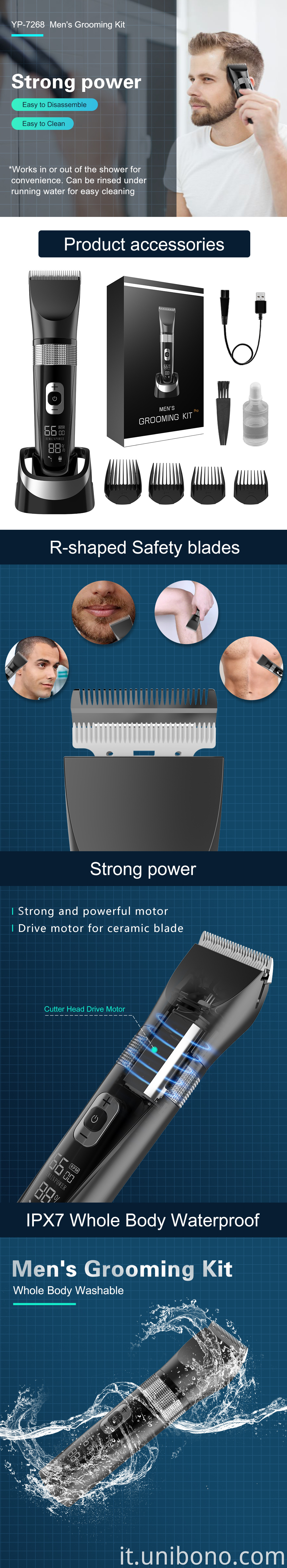 Low Noise Rechargeable Electric Hair Clipper and Trimmerer： 7268 Operation： Corded And Cordless Operation Blade Material： Stainless Blade+Ceramic Blade Working Time： Over 70mins Product Size： 179X44X41mm Charging Time： Around 90mins Giftbox Size： 165X54X232mm Battery： Li-ion 3.7V 1200mAh Carton Size： 480X475X355mm(32pcs/ctn) Output： 5V/1A Certification： FCC/EMC/RoHS Waterproofing: IPX7 Speed： 5000rpm,5500rpm..To 7000rpm Adjustable Blade Length: 0.8, 1.0,1.2, 1.4, 1.6, 1.8mm Colour： Customized Comb： 3mm,6mm,9mm,12mm Charge Port USB